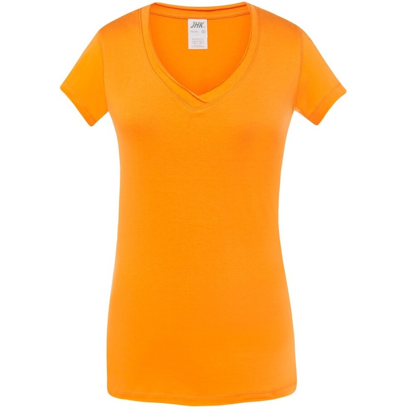 T-shirt femme col V manches courtes coupe cintrée en coton, 140 g/m²