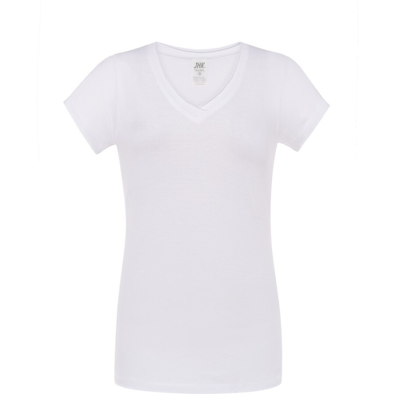 T-shirt femme col V manches courtes coupe cintrée en coton, 140 g/m²