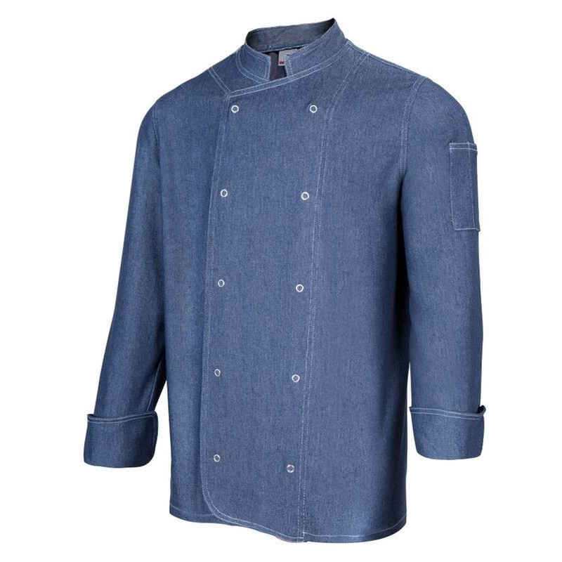 Veste de cuisine manches longues en denim col mao, tissu stretch, 260 g/m²