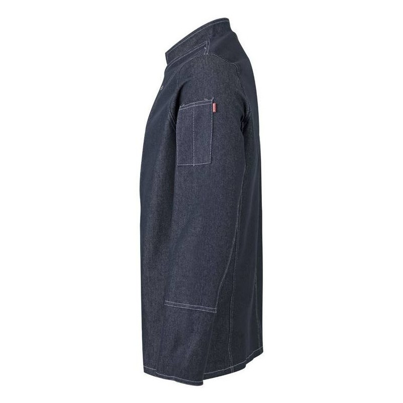 Veste de cuisine manches longues en denim col mao, tissu stretch, 260 g/m²