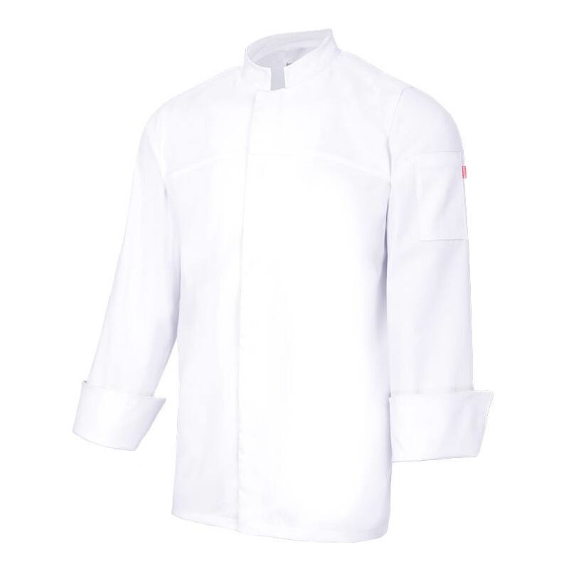 Veste de cuisine col mao stretch fermée par boutons pression cachés, 210 g/m²