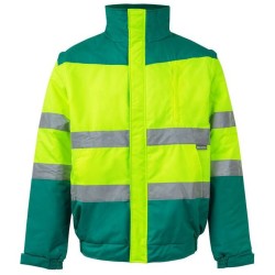 Blouson matelassé bicolore haute visibilité imperméable, capuche dans le col, 190 g/m²