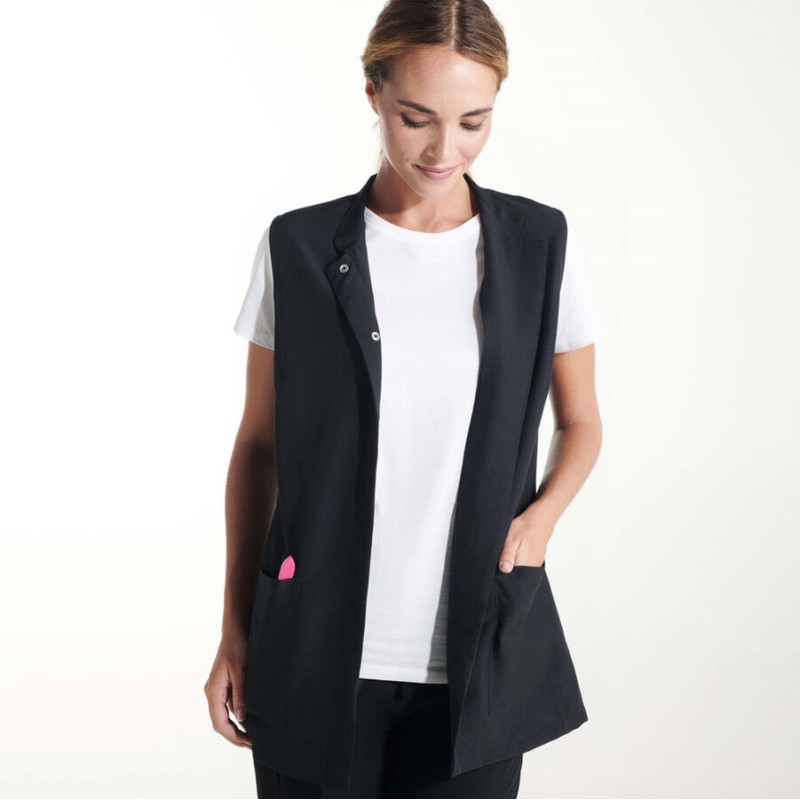 Blouse femme sans manches col mao, 2 poches plaquées, 130 g/m²