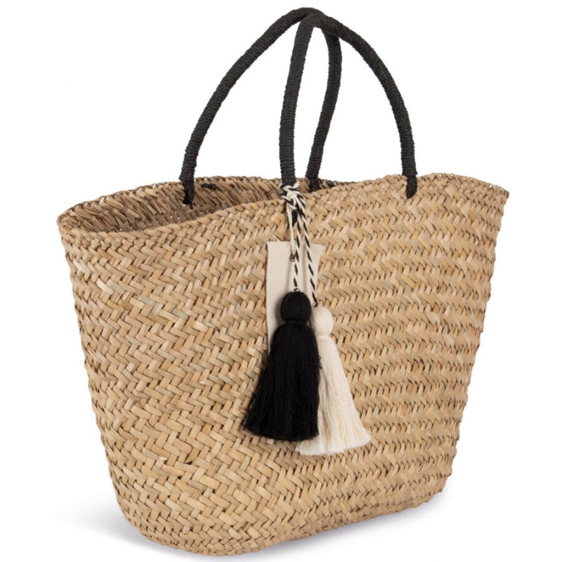 Panier shopping tressé en paille durable, anses et pompon bicolore, 20 litres