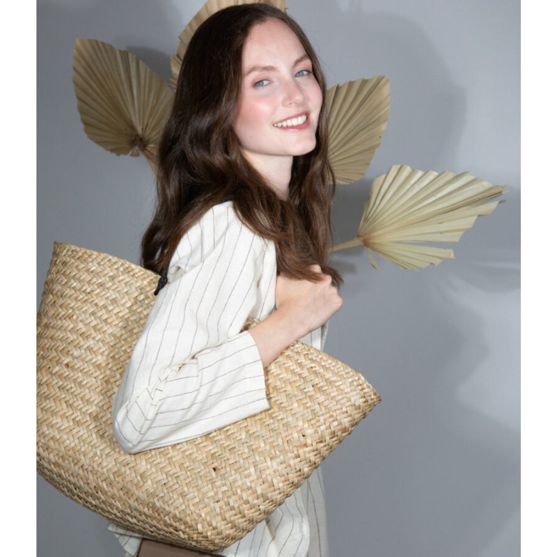 Panier shopping tressé en paille durable, anses et pompon bicolore, 20 litres