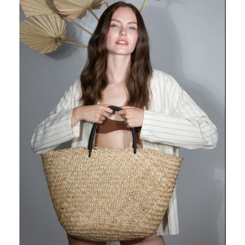 Panier shopping tressé en paille durable, anses et pompon bicolore, 20 litres