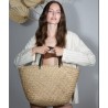 Panier shopping tressé en paille durable, anses et pompon bicolore, 20 litres