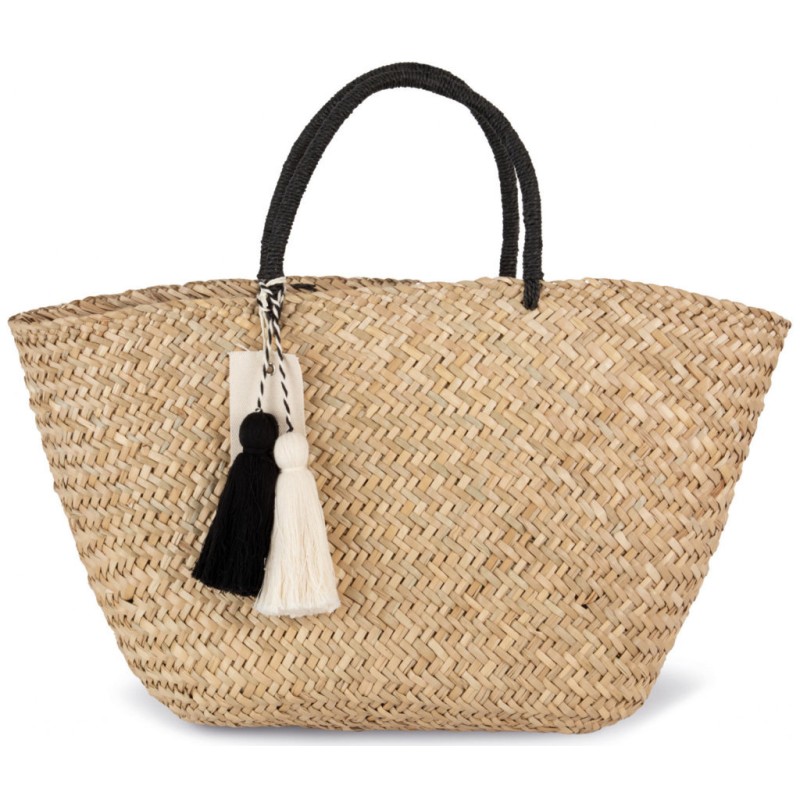 Panier shopping tressé en paille durable, anses et pompon bicolore, 20 litres