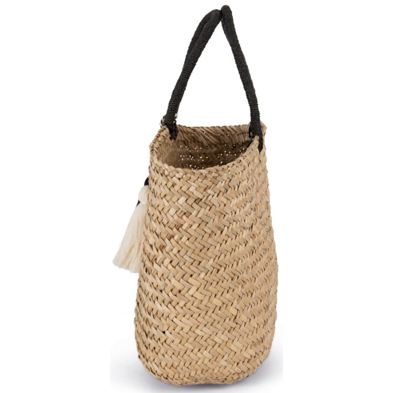 Panier shopping tressé en paille durable, anses et pompon bicolore, 20 litres