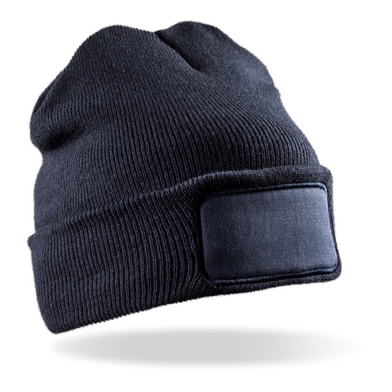 Bonnet recyclé double épaisseur, rabat large avec zone de marquage en polyester, 340 g/m²
