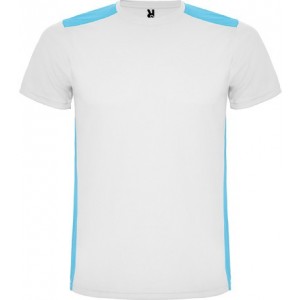 T-shirt technique enfant polyester manches courtes avec col rond, combiné sur le dos et les épaules avec du tissu, 130 g/m²