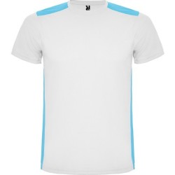 T-shirt technique enfant polyester manches courtes avec col rond, combiné sur le dos et les épaules avec du tissu, 130 g/m²