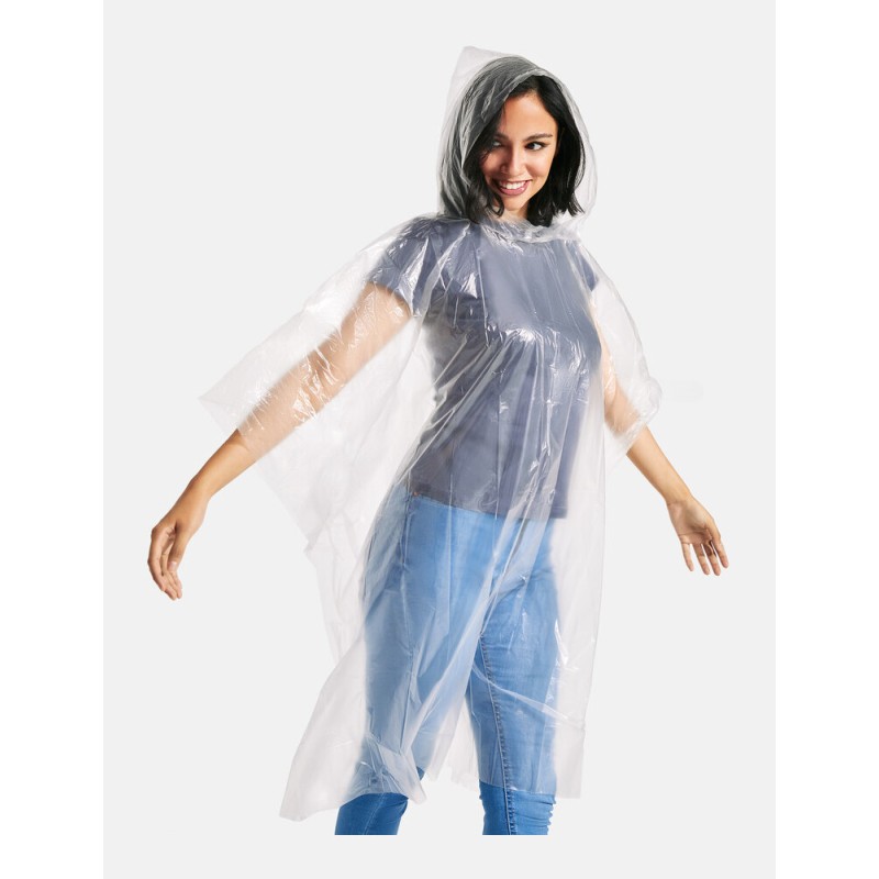 Poncho de pluie compostable adulte transparent taille unique, avec capuche et ouverture pour les bras