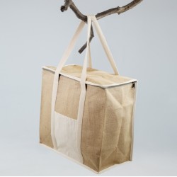 Grand sac isotherme en jute, poche et anses en coton