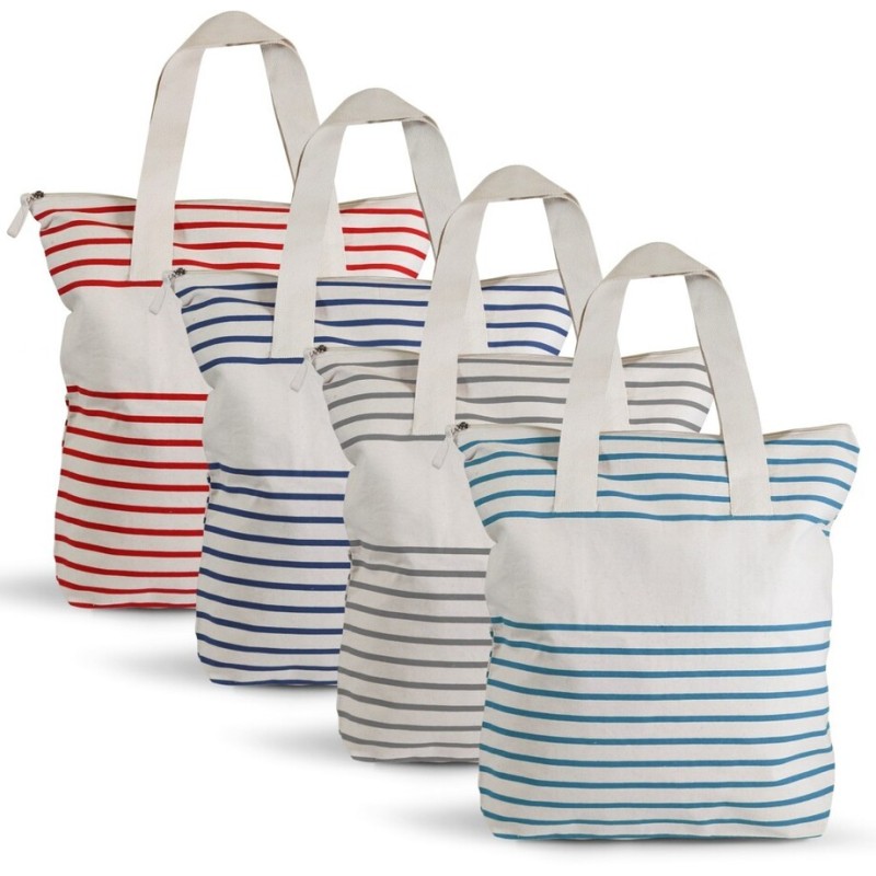 Sac shopping marinière zippé avec soufflet en coton bio, 220 g/m²