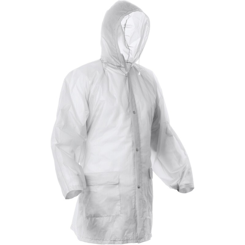 Imperméable avec finitions thermosoudées, fermeture centrale à 4 boutons-pression, poches latérales à rabat + poignets boutonnés