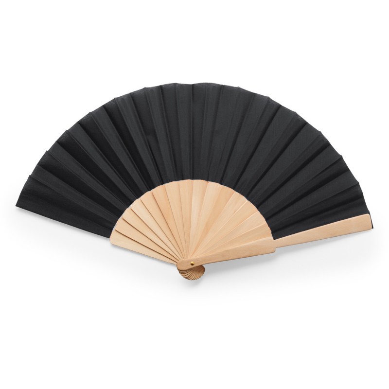 Éventail avec tige en bois et tissu en polyester