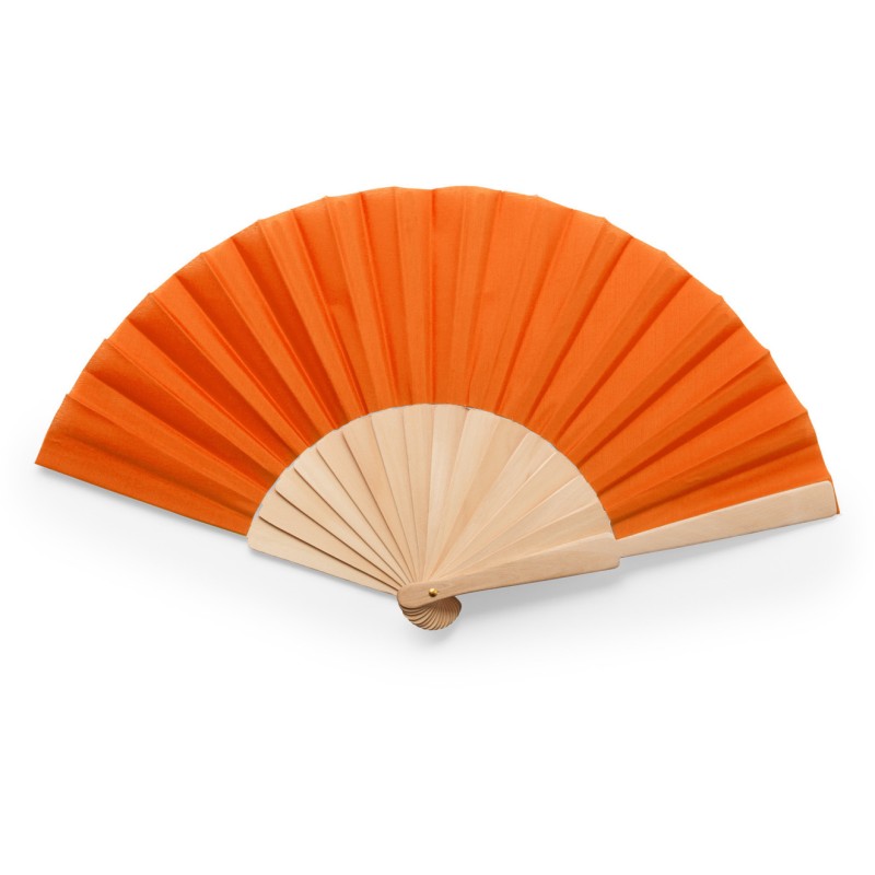 Éventail avec tige en bois et tissu en polyester