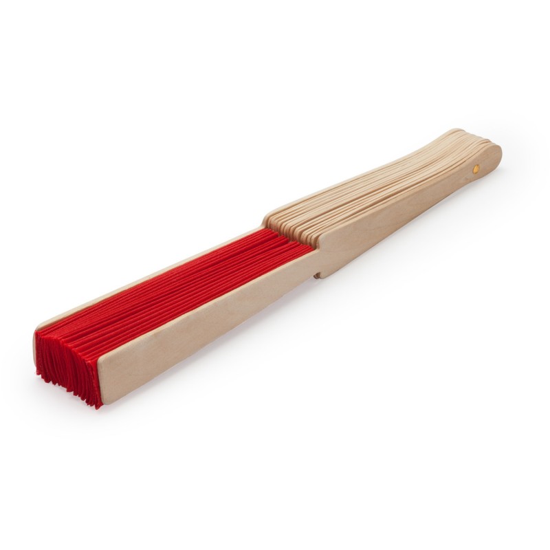 Éventail avec tige en bois et tissu en polyester