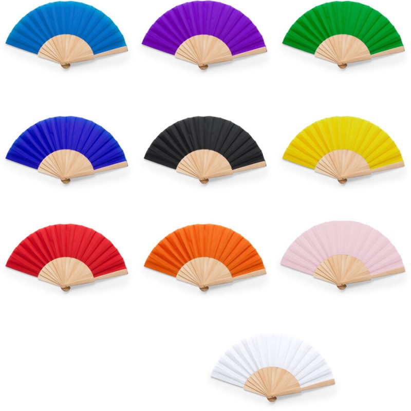 Éventail avec tige en bois et tissu en polyester