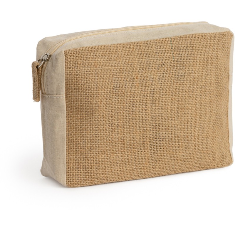 Trousse de toilette en coton laminé et jute pour articles de toilette avec zip en jute assortie