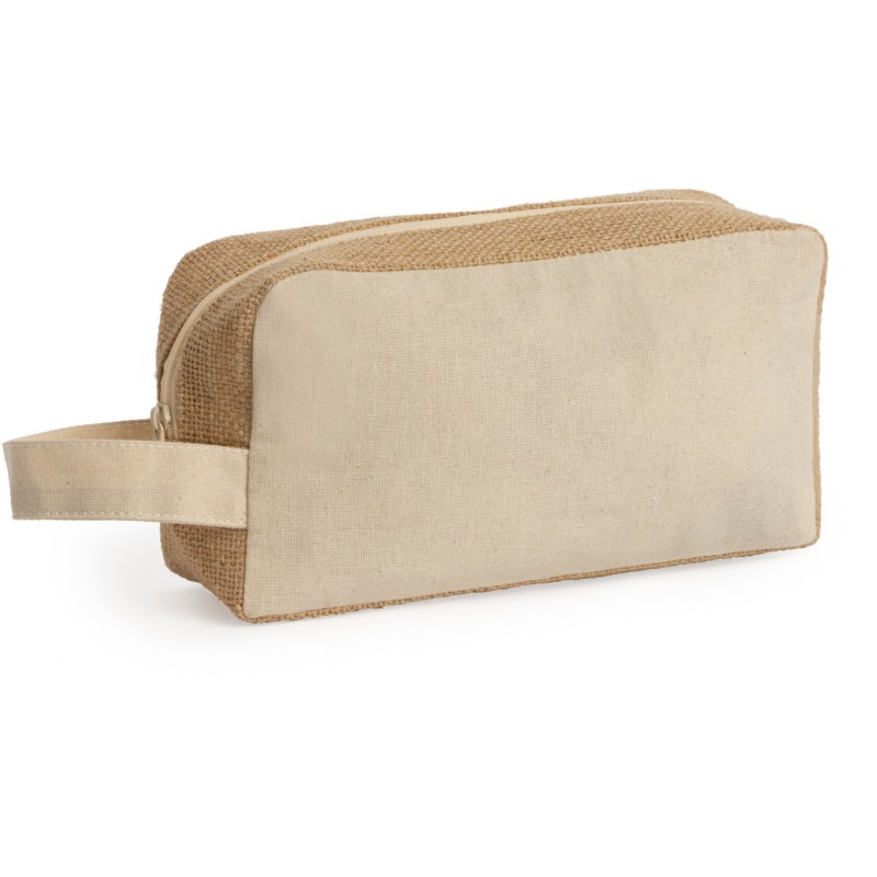 Trousse de toilette en coton laminé et jute avec fermeture éclair avec tirette en jute assortie