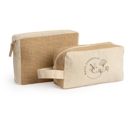 Trousse de toilette en coton laminé et jute avec fermeture éclair avec tirette en jute assortie