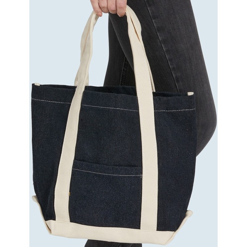 Sac shopping contrasté en coton canvas denim, 280 g/m²