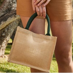 Petit sac en toile de jute, poignées en coton colorées