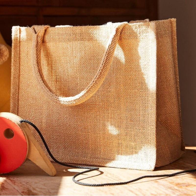 Petit tote bag en toile de jute brillant, anses courtes en coton