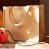 Petit tote bag en toile de jute brillant, anses courtes en coton