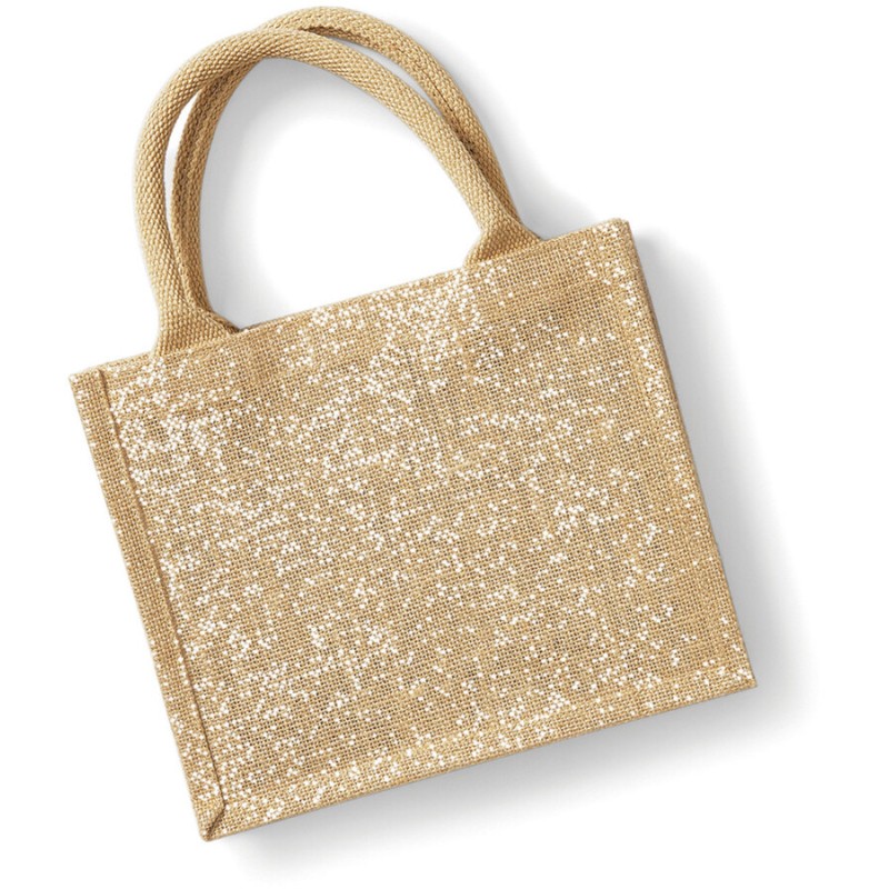 Petit tote bag en toile de jute brillant, anses courtes en coton