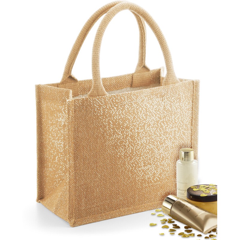 Petit tote bag en toile de jute brillant, anses courtes en coton