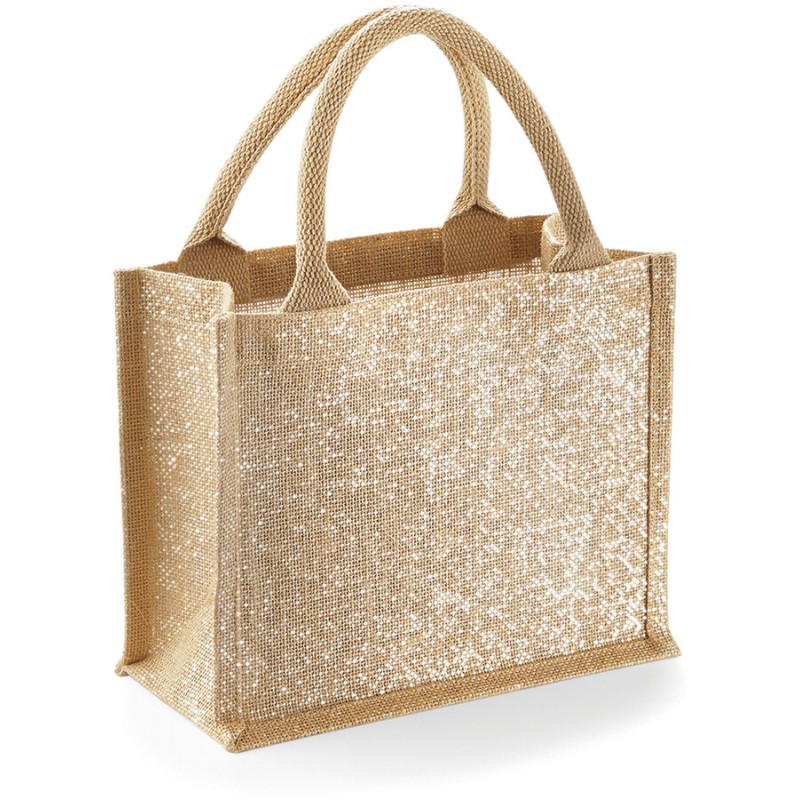 Petit tote bag en toile de jute brillant, anses courtes en coton