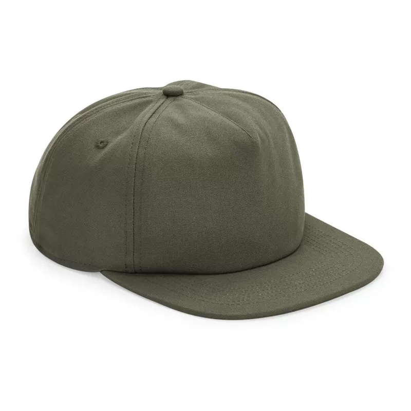 Casquette destructurée en coton organique 5 panneaux, visière plate, boucle réglable