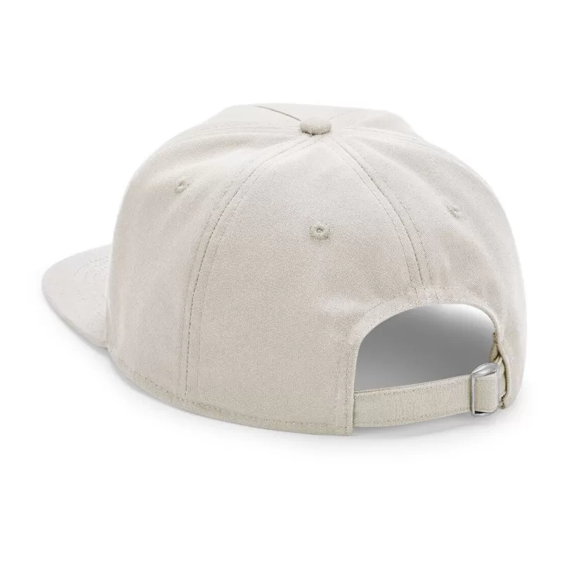 Casquette destructurée en coton organique 5 panneaux, visière plate, boucle réglable