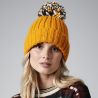 Bonnet chaud en maille côtelée épaisse avec grand pompon