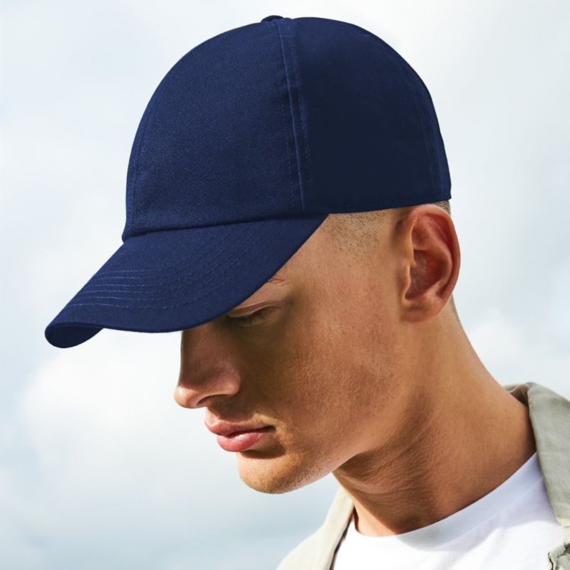 Casquette 6 panneaux coton biologique réglable, visière préformée, 255 g/m²