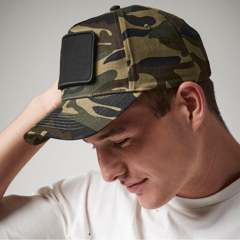 Casquette 5 panneaux coton sergé, patch amovible, visière préformée