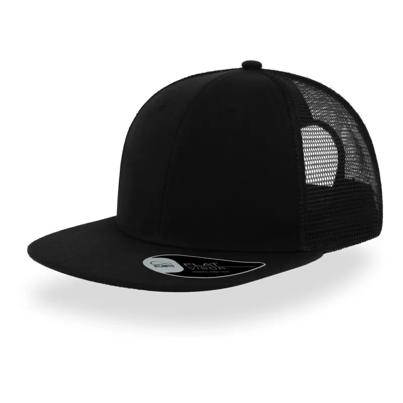 Casquette 6 panneaux visière plate style trucker en polyester recyclé, 300 g/m²