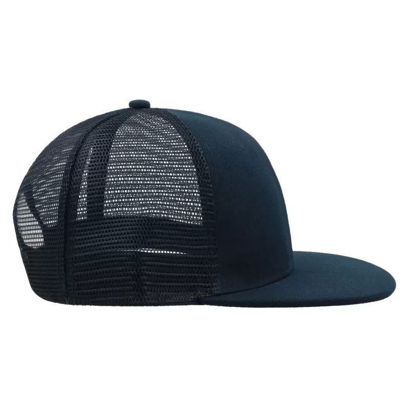 Casquette 6 panneaux visière plate style trucker en polyester recyclé, 300 g/m²
