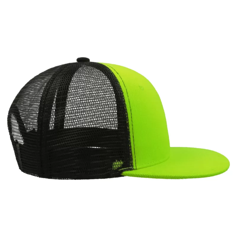 Casquette 6 panneaux visière plate style trucker en polyester recyclé, 300 g/m²