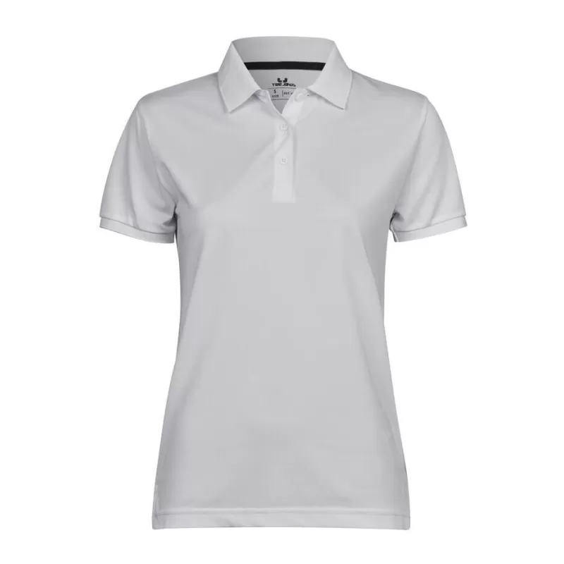 Polo femme coupe ajustée en polyester recyclé et élasthanne, col plat, 187 g/m²