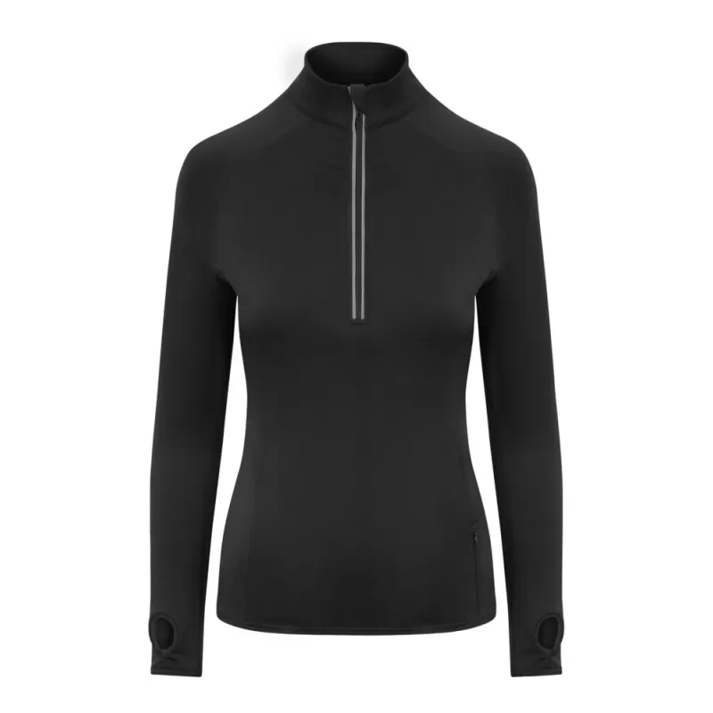 Tee-shirt de sport femme col zippé, matière stretch, détails réfléchissants, 280 g/m²