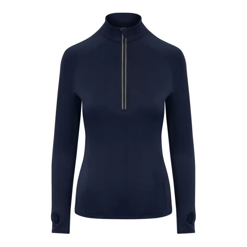 Tee-shirt de sport femme col zippé, matière stretch, détails réfléchissants, 280 g/m²