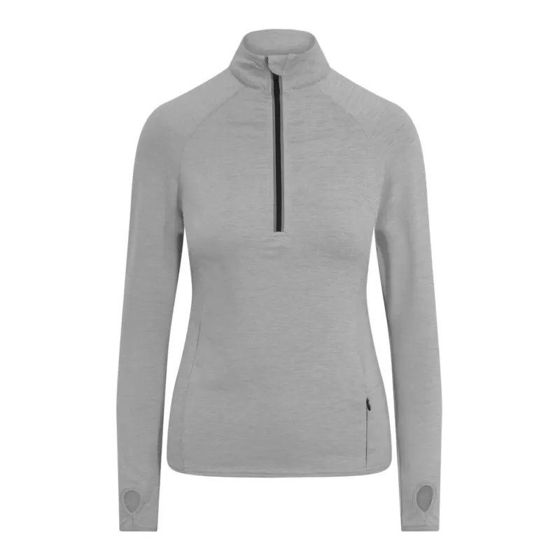 Tee-shirt de sport femme col zippé, matière stretch, détails réfléchissants, 280 g/m²