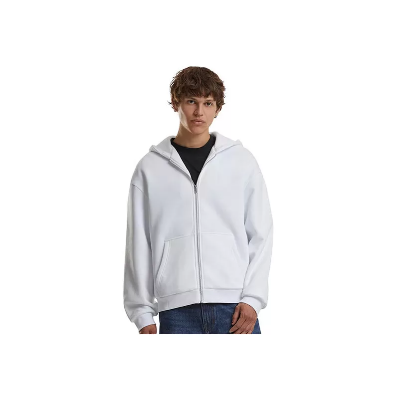 Sweat à capuche homme oversize duveteux zippé, zip métal, épaules basses, 330 g/m²