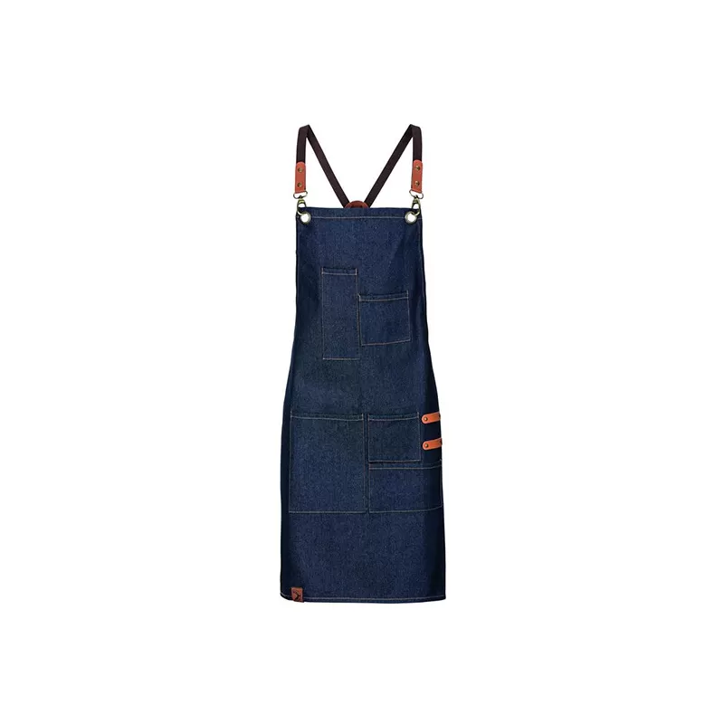 Tablier denim coton avec 5 poches et détails cuir, 80 x 70 cm, 340 g/m²