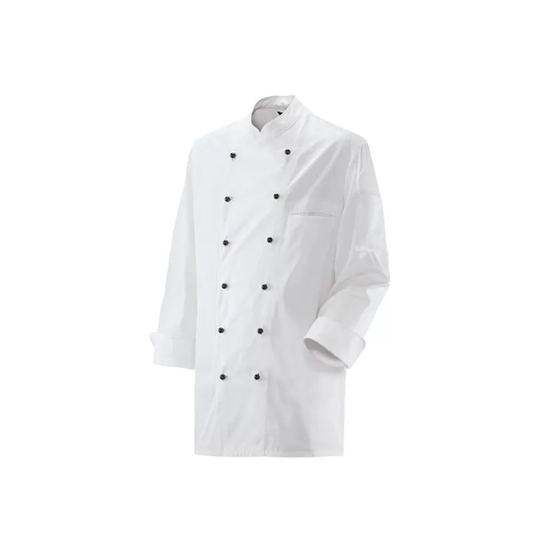 Veste de chef polyester et coton double boutonnage, manches longues, 220 g/m²