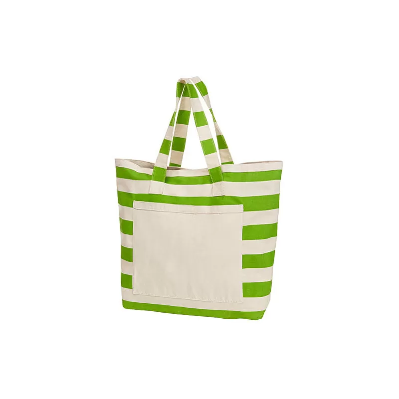 Grand sac de plage marinière en coton, grande poche, fermeture scratch, 340 g/m²